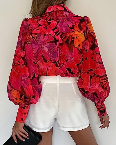 BTFBM Women Fashion Button Down Shirts Lapel V Neck Printed Boho Long Sleeve Blouses Dressy Casual Summer Spring Tops(Floral Red, Medium)