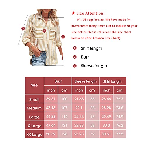 OMSJ Women's Striped Button Down Shirts Casual Long Sleeve Stylish V Neck Blouses Tops with Pockets (M, Pink)