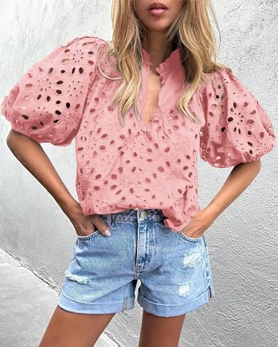 PRETTYGARDEN Women's Summer Tops Dressy Casual Short Lantern Sleeve V Neck Buttons Hollow Out Lace Embroidered Blouses Shirts (Pink,XX-Large)