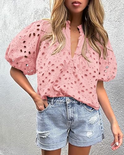 PRETTYGARDEN Women's Summer Tops Dressy Casual Short Lantern Sleeve V Neck Buttons Hollow Out Lace Embroidered Blouses Shirts (Pink,XX-Large)