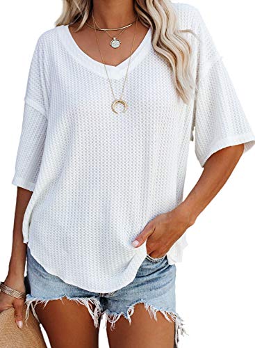 Dokotoo Women's Summer Tunic Tops V Neck Waffle Knit Short Sleeve High Low Shirts Casual Loose Fit Blouses Work White M