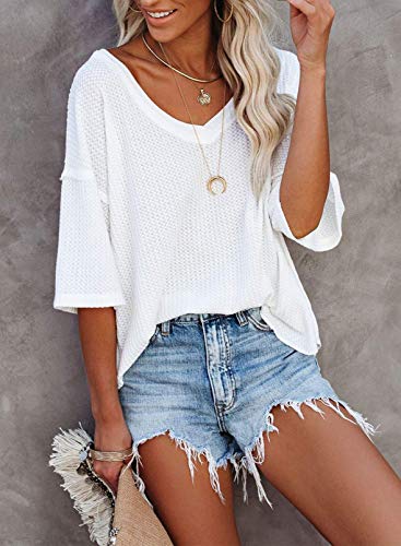Dokotoo Women's Summer Tunic Tops V Neck Waffle Knit Short Sleeve High Low Shirts Casual Loose Fit Blouses Work White M