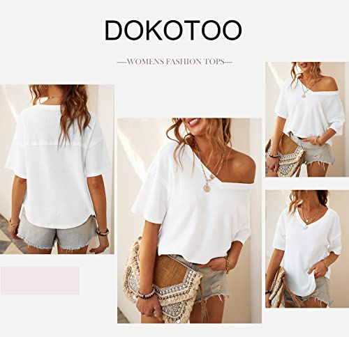 Dokotoo Women's Summer Tunic Tops V Neck Waffle Knit Short Sleeve High Low Shirts Casual Loose Fit Blouses Work White M