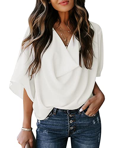 Dokotoo Sexy Womens Tops and Blouses Summer Short Sleeve V Neck Solid Color Ladies Wrap Draped Front Business Casual Chiffon Shirts Dressy Tops for Work Professional Spring Fashion 2024, White X-Large