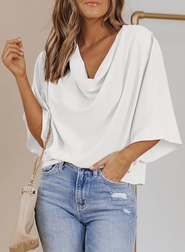 Dokotoo Sexy Womens Tops and Blouses Summer Short Sleeve V Neck Solid Color Ladies Wrap Draped Front Business Casual Chiffon Shirts Dressy Tops for Work Professional Spring Fashion 2024, White X-Large