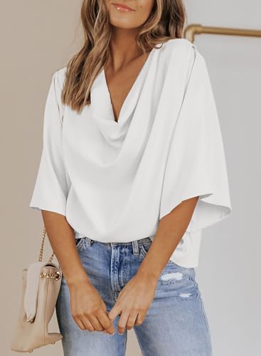 Dokotoo Sexy Womens Tops and Blouses Summer Short Sleeve V Neck Solid Color Ladies Wrap Draped Front Business Casual Chiffon Shirts Dressy Tops for Work Professional Spring Fashion 2024, White X-Large