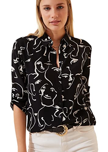 Blouses for Women Fashion, Casual Long Sleeve Button Down Shirts Tops, XS-3XL (Face Black, X-Large)