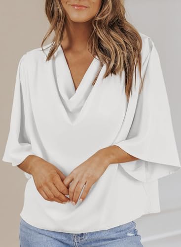 Dokotoo Sexy Womens Tops and Blouses Summer Short Sleeve V Neck Solid Color Ladies Wrap Draped Front Business Casual Chiffon Shirts Dressy Tops for Work Professional Spring Fashion 2024, White X-Large