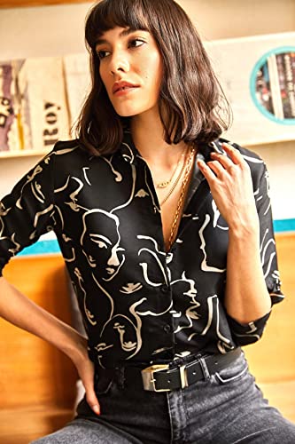 Blouses for Women Fashion, Casual Long Sleeve Button Down Shirts Tops, XS-3XL (Face Black, X-Large)