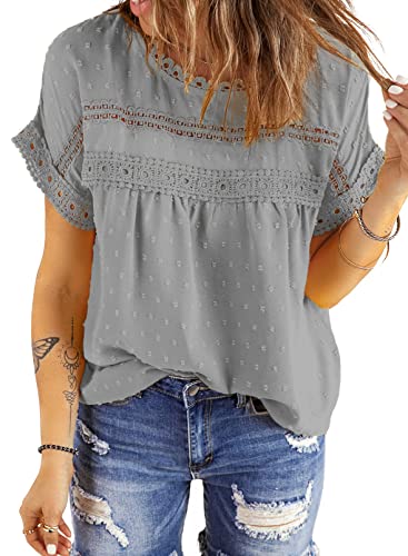 Dokotoo Blouses for Women Fashion 2024 Summer Crochet Lace Round Neck Short Sleeve Shirts Back Button Down Pom Pom Boho Solid Chiffon Blouse Womens Tops Dressy Casual Gray 2XL