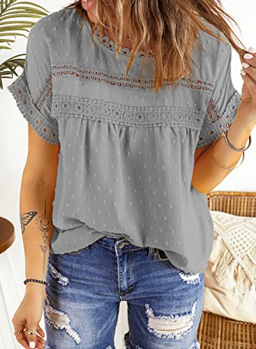 Dokotoo Blouses for Women Fashion 2024 Summer Crochet Lace Round Neck Short Sleeve Shirts Back Button Down Pom Pom Boho Solid Chiffon Blouse Womens Tops Dressy Casual Gray 2XL