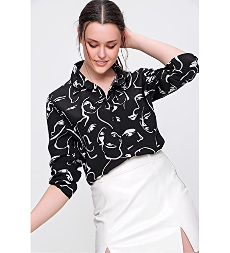 Blouses for Women Fashion, Casual Long Sleeve Button Down Shirts Tops, XS-3XL (Face Black, X-Large)