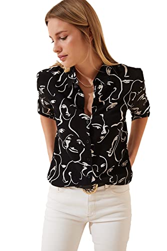 Blouses for Women Fashion, Casual Long Sleeve Button Down Shirts Tops, XS-3XL (Face Black, X-Large)
