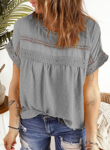 Dokotoo Blouses for Women Fashion 2024 Summer Crochet Lace Round Neck Short Sleeve Shirts Back Button Down Pom Pom Boho Solid Chiffon Blouse Womens Tops Dressy Casual Gray 2XL