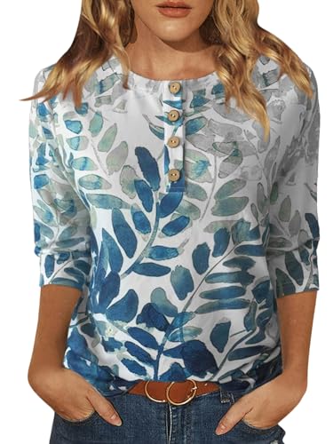Blouses for Women Fashion 2024 3/4 Sleeve Casual Tops Floral Print Shirts