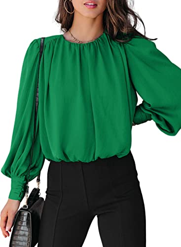 Dokotoo Womens Juniors Spring Summer Shirts and Blouses for Women 2024 Trendy T-Shirts Padded Shoulder Long Sleeve Tunic Tops Loose Work Business Dressy Tee Shirts Green Medium