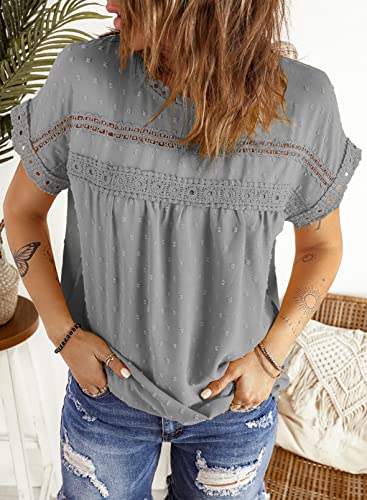 Dokotoo Blouses for Women Fashion 2024 Summer Crochet Lace Round Neck Short Sleeve Shirts Back Button Down Pom Pom Boho Solid Chiffon Blouse Womens Tops Dressy Casual Gray 2XL
