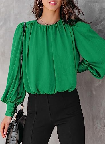 Dokotoo Womens Juniors Spring Summer Shirts and Blouses for Women 2024 Trendy T-Shirts Padded Shoulder Long Sleeve Tunic Tops Loose Work Business Dressy Tee Shirts Green Medium