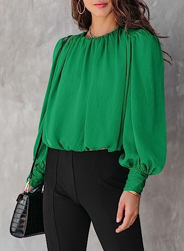 Dokotoo Womens Juniors Spring Summer Shirts and Blouses for Women 2024 Trendy T-Shirts Padded Shoulder Long Sleeve Tunic Tops Loose Work Business Dressy Tee Shirts Green Medium