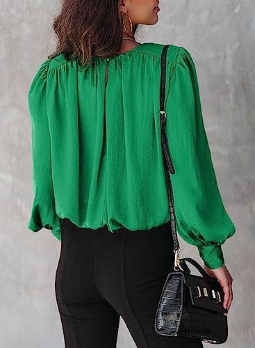 Dokotoo Womens Juniors Spring Summer Shirts and Blouses for Women 2024 Trendy T-Shirts Padded Shoulder Long Sleeve Tunic Tops Loose Work Business Dressy Tee Shirts Green Medium