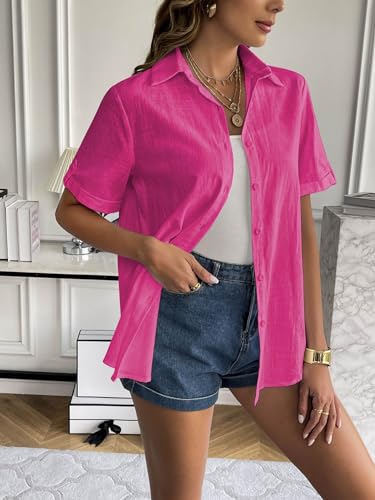 Zeagoo Women Short Sleeve Blouse Linen Button Up Shirt Casual Button Down Shirt Cotton Tops Loose Fit Hot Pink