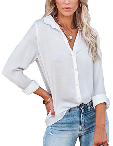 Diosun Womens Button Down V Neck Shirts Long Sleeve Office Casual Business Plain Blouses Tops (Medium, White, m)
