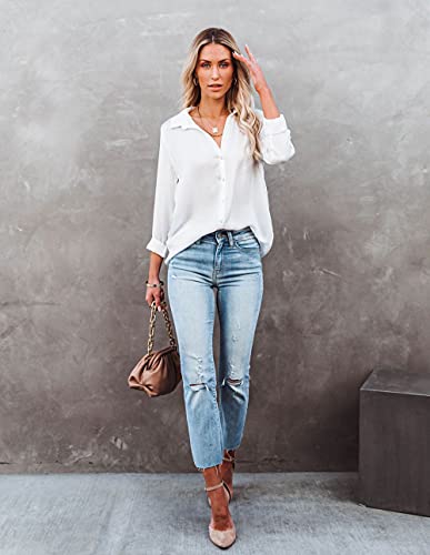 Diosun Womens Button Down V Neck Shirts Long Sleeve Office Casual Business Plain Blouses Tops (Medium, White, m)