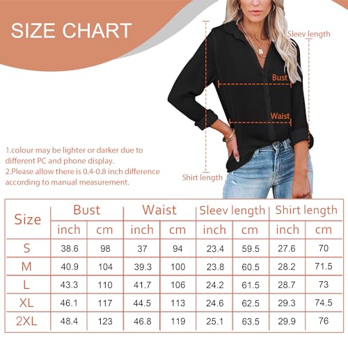 Diosun Womens Button Down V Neck Shirts Long Sleeve Office Casual Business Plain Blouses Tops (Medium, White, m)