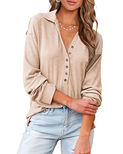 BTFBM Women Casual Button Down Fall Blouses 2024 Long Sleeve Solid Business Work Tops Cute Relaxed Fit Shirts(Solid Apricot, Medium)