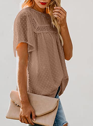 Dokotoo Womens Fashion 2024 Summer Short Sleeve Tops Round Neck Lace Hem Basic Tee Shirts Pom Pom Babydoll Chiffon Blouses Flowy Blouses Boho Clothing for Women Khaki L