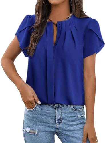 Dokotoo Womens Spring Summer Tops Fashion 2024 Short Sleeve Button Down Shirts for Women Dressy Casual Business Office Work Pleated Crew Neck Elegant Ladies Tops and Blouses for Women Blue Small