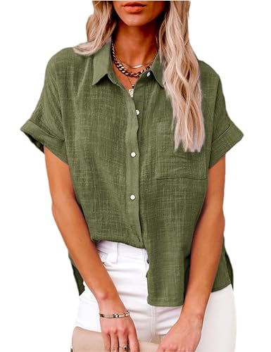 Lingjiazi Womens Cotton Linen Short Sleeve Button Down Shirts Casual V Neck Plain Blouses Tops(0688-ArmyGreen-XXL)