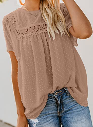 Dokotoo Womens Fashion 2024 Summer Short Sleeve Tops Round Neck Lace Hem Basic Tee Shirts Pom Pom Babydoll Chiffon Blouses Flowy Blouses Boho Clothing for Women Khaki L