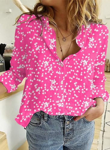 Dokotoo Womens Casual Alicia Flowy Print V Neck Roll Up Long Sleeve Chiffon Button Down Blouses Tshirts Tops for Women 2024 Summer Trendy Dressy Work Business Boho Top Pink S