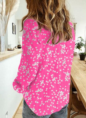 Dokotoo Womens Casual Alicia Flowy Print V Neck Roll Up Long Sleeve Chiffon Button Down Blouses Tshirts Tops for Women 2024 Summer Trendy Dressy Work Business Boho Top Pink S