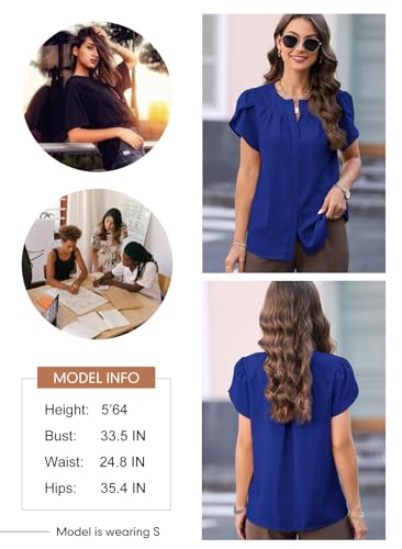 Dokotoo Womens Spring Summer Tops Fashion 2024 Short Sleeve Button Down Shirts for Women Dressy Casual Business Office Work Pleated Crew Neck Elegant Ladies Tops and Blouses for Women Blue Small