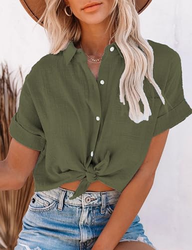 Lingjiazi Womens Cotton Linen Short Sleeve Button Down Shirts Casual V Neck Plain Blouses Tops(0688-ArmyGreen-XXL)
