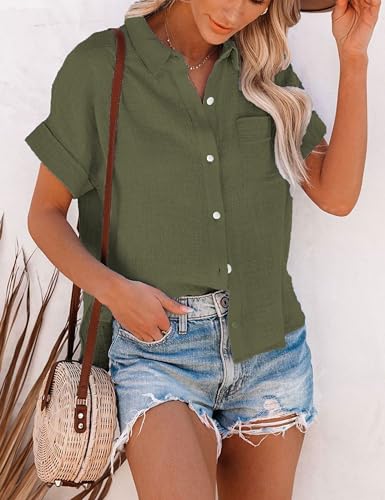 Lingjiazi Womens Cotton Linen Short Sleeve Button Down Shirts Casual V Neck Plain Blouses Tops(0688-ArmyGreen-XXL)