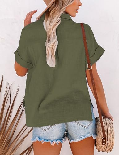 Lingjiazi Womens Cotton Linen Short Sleeve Button Down Shirts Casual V Neck Plain Blouses Tops(0688-ArmyGreen-XXL)
