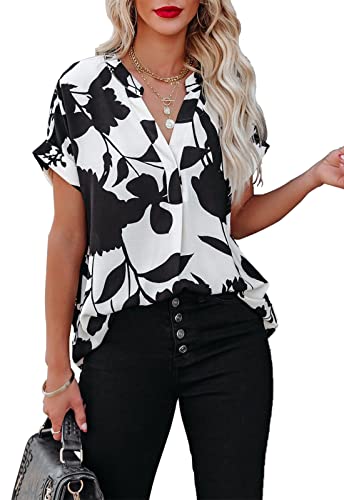 ANCAPELION Women’s Summer Chiffon Blouse Casual Short Sleeve V Neck Shirt Loose Printed Cuffed Sleeve Tunic Tops for Women Black White Printed Large