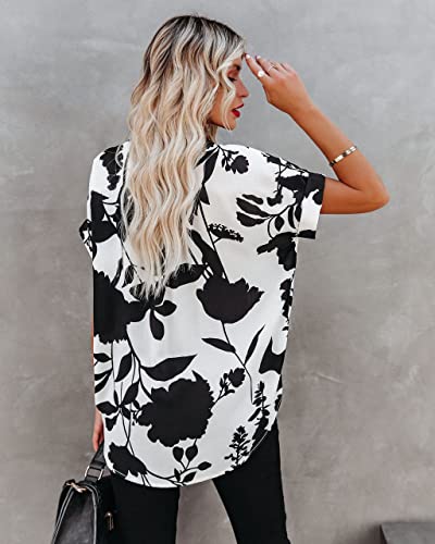 ANCAPELION Women’s Summer Chiffon Blouse Casual Short Sleeve V Neck Shirt Loose Printed Cuffed Sleeve Tunic Tops for Women Black White Printed Large