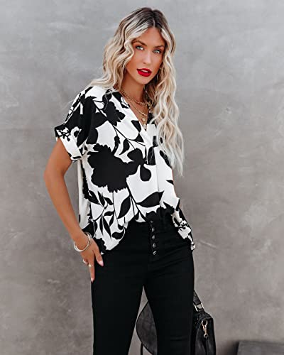 ANCAPELION Women’s Summer Chiffon Blouse Casual Short Sleeve V Neck Shirt Loose Printed Cuffed Sleeve Tunic Tops for Women Black White Printed Large