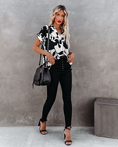 ANCAPELION Women’s Summer Chiffon Blouse Casual Short Sleeve V Neck Shirt Loose Printed Cuffed Sleeve Tunic Tops for Women Black White Printed Large