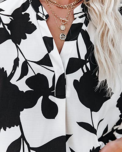 ANCAPELION Women’s Summer Chiffon Blouse Casual Short Sleeve V Neck Shirt Loose Printed Cuffed Sleeve Tunic Tops for Women Black White Printed Large