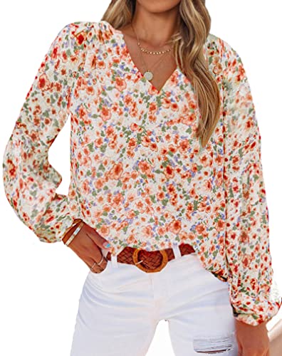 BTFBM Women Casual Boho Blouse Fashion Floral Shirts V Neck Long Puff Sleeve Lightweight Chiffon Spring Summer Tops 2024(Floral Orange, X-Large)