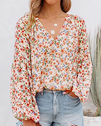 BTFBM Women Casual Boho Blouse Fashion Floral Shirts V Neck Long Puff Sleeve Lightweight Chiffon Spring Summer Tops 2024(Floral Orange, X-Large)