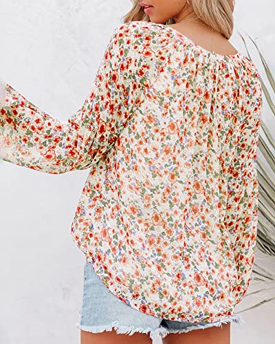 BTFBM Women Casual Boho Blouse Fashion Floral Shirts V Neck Long Puff Sleeve Lightweight Chiffon Spring Summer Tops 2024(Floral Orange, X-Large)