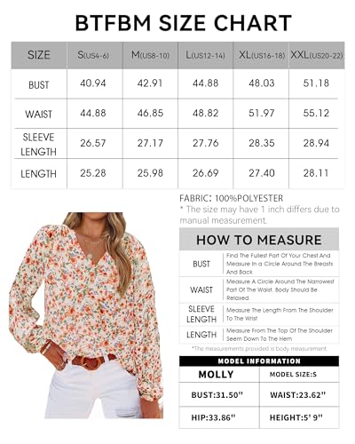 BTFBM Women Casual Boho Blouse Fashion Floral Shirts V Neck Long Puff Sleeve Lightweight Chiffon Spring Summer Tops 2024(Floral Orange, X-Large)