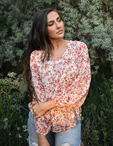 BTFBM Women Casual Boho Blouse Fashion Floral Shirts V Neck Long Puff Sleeve Lightweight Chiffon Spring Summer Tops 2024(Floral Orange, X-Large)