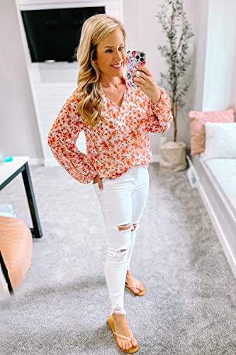 BTFBM Women Casual Boho Blouse Fashion Floral Shirts V Neck Long Puff Sleeve Lightweight Chiffon Spring Summer Tops 2024(Floral Orange, X-Large)